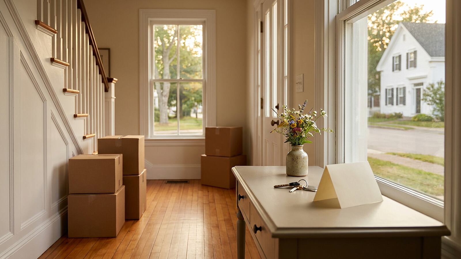 A sunlit front hallway with moving boxes, keys and a welcome card on a side table